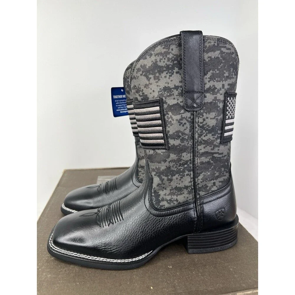 ARIAT Sport Patriot Square Toe Cowboy Boots Mens Size 8.5 D Black Camo Flag New